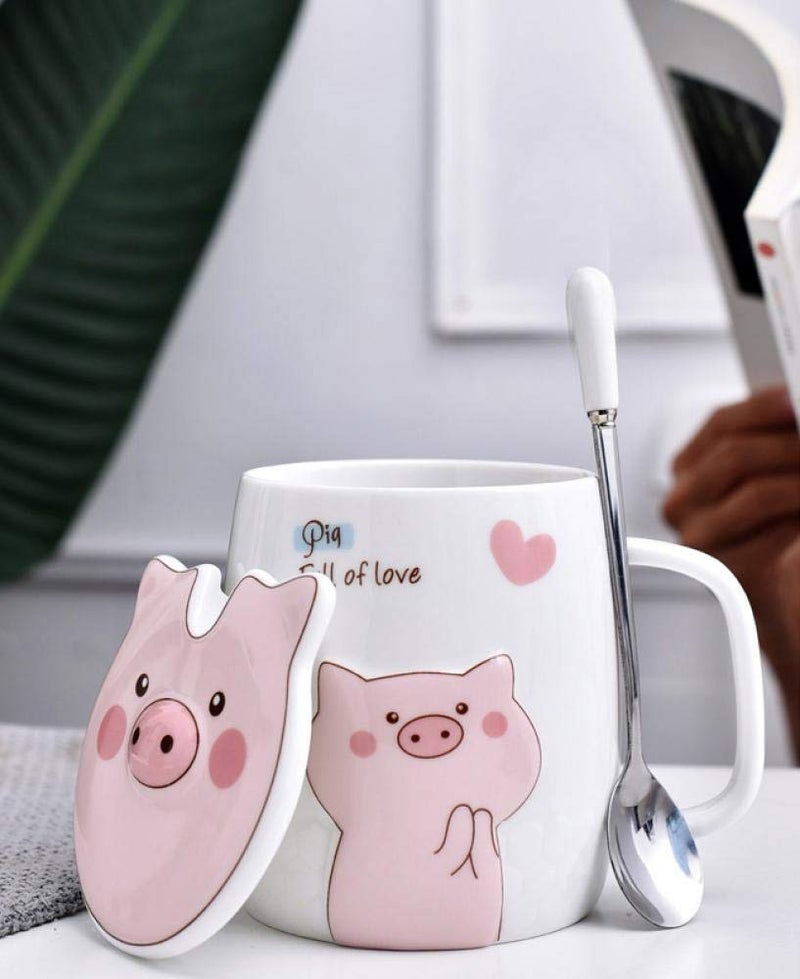 123Arts Ceramic Pig Coffee Mug Water Tea Cup With Lid Spoon - Image 2